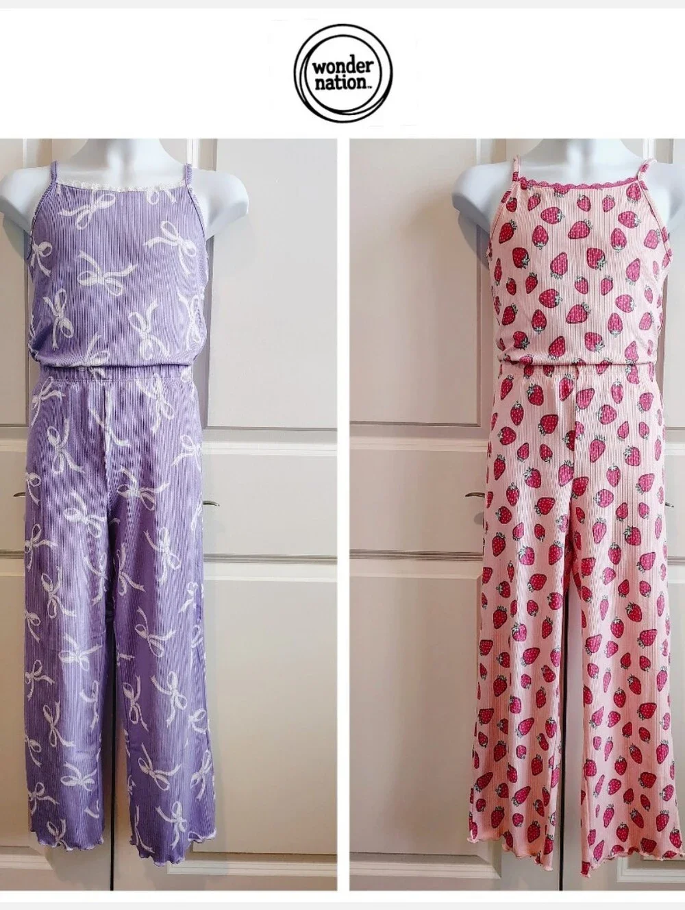 2 Pajama Sets (Purple Bows & Pink Strawberries)